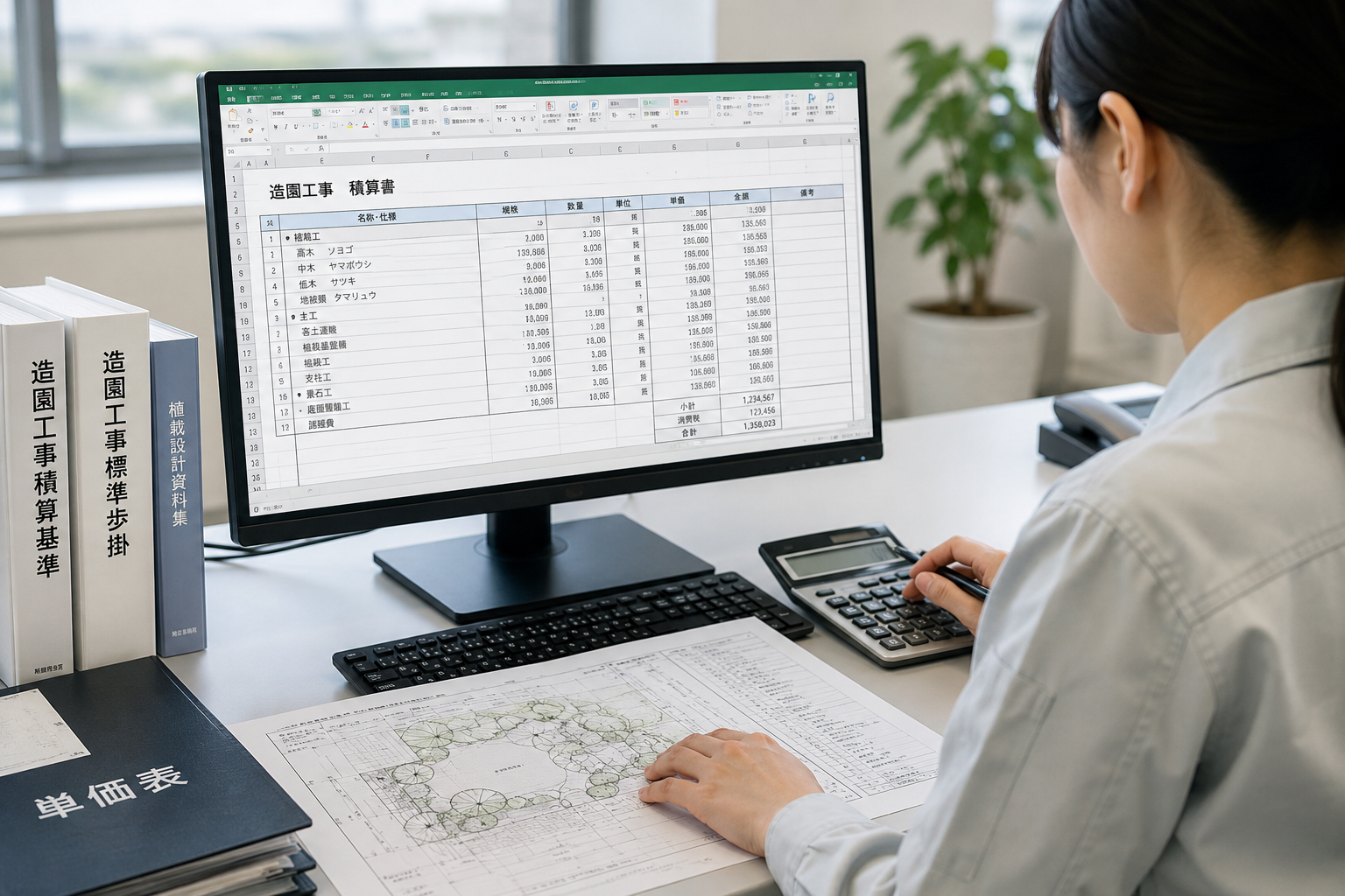 造園工事の積算業務のイメージ、図面とパソコンで金額を算出している様子